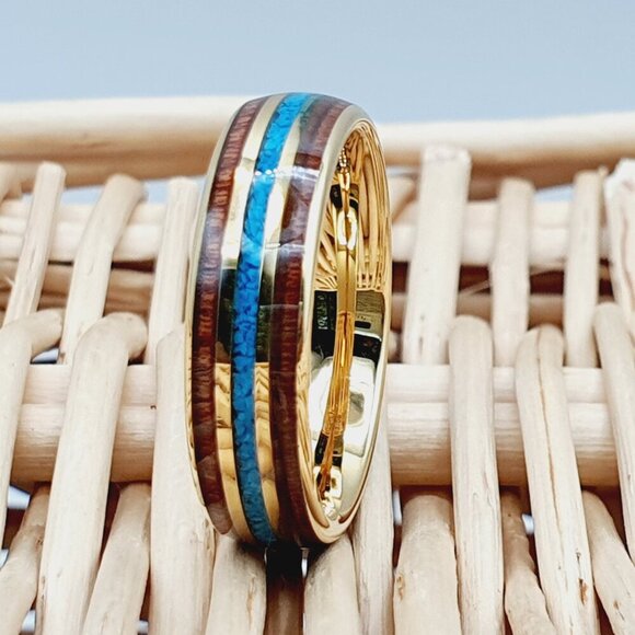 Turquoise Tungsten Ring, Gold Wedding Band Ring, GALTUN1029-9 - Picture 2 of 6